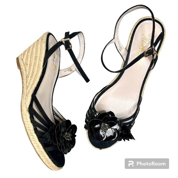 Nanette Lepore Quince Black Flower Preppy Coastal Business Casual Wedges Size 9 - Picture 1 of 14